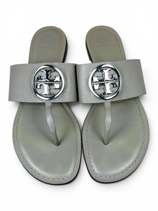 Tory Burch Shoes - Tory Burch Benton Band Gray Heron Silver Leather Thong Sandals Size 10